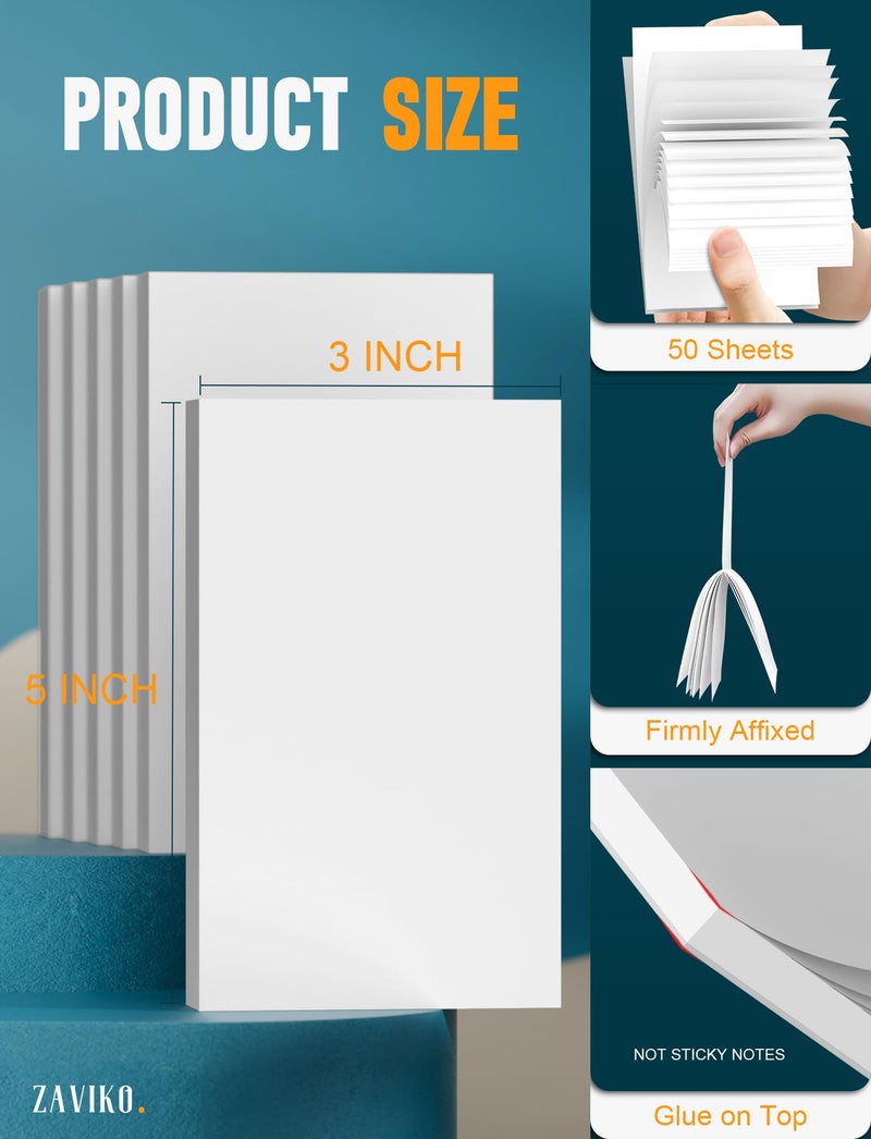 Zaviko Note Pads 3x5, 6 Pack Small Notepads 3x5 Memo Pads, Small Notebooks 3x5 Scratch Pads, Small Writing Pads of Paper 3x5, White Mini Notepad 3x5 Blank Server Pads, Writing Notes Paper, 50 Sheets/Padad - Image 2